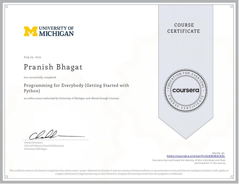 certificate for programming for everybody (getting started with python)