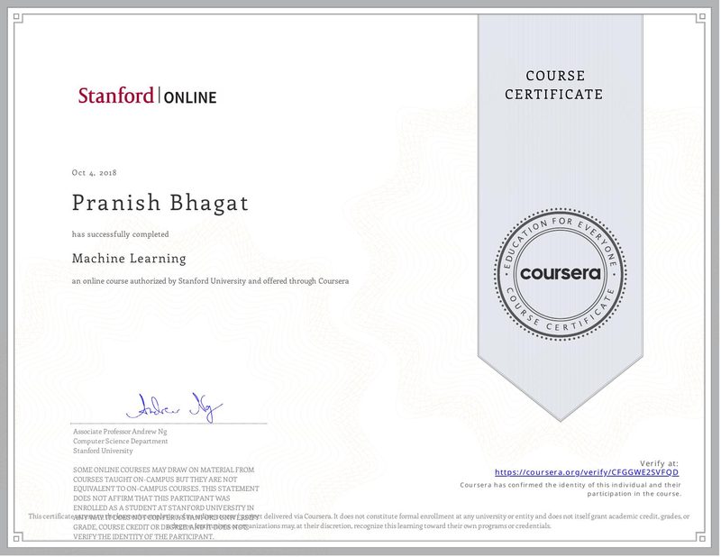 certificate for machine learning