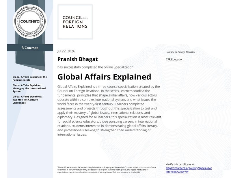 certificate for the Global Affairs Explained specialization