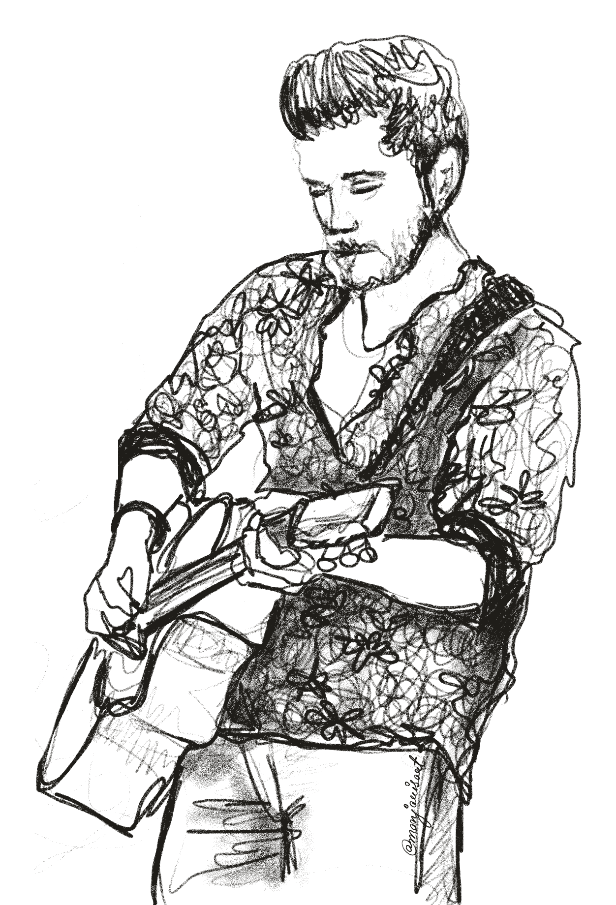 A line-drawn portrait of Pranish bent over his guitar